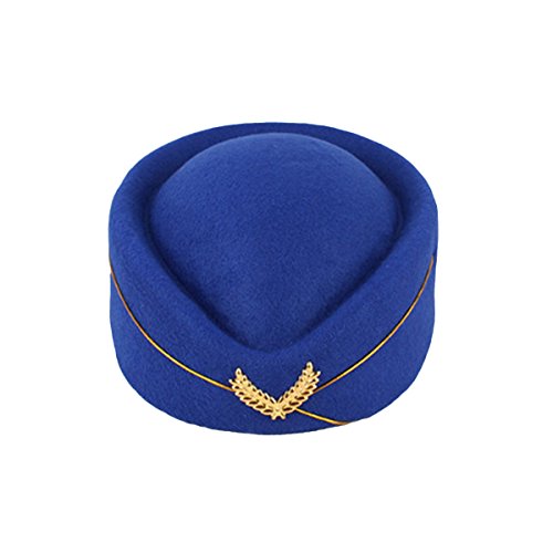 BESTOYARD Flugbegleiterin Mütze Wollfilz Stewardess Hut Damen Pillbox Mützen Stewardess Kostüm Cosplay Cap Größe M (Königsblau) von BESTOYARD