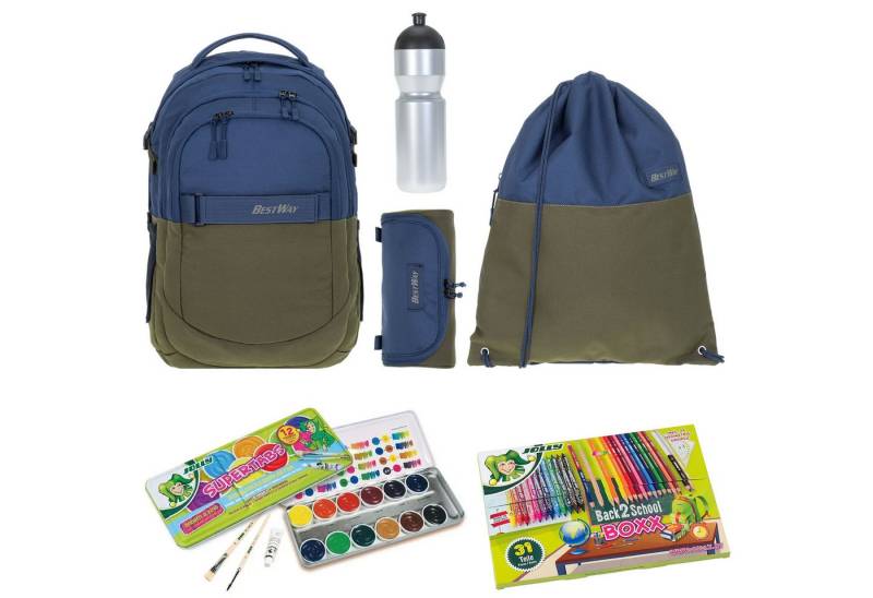 BESTWAY Schulrucksack Jungen Schulrucksackset Rucksack Evolution Air 40177 (Set, Sportbeutel, Mäppchen, Mäppchenfüllung, Farbkasten, Flasche), Schultasche Daypack Schule ab 3. Klasse Mega Set rtm kfv von BESTWAY