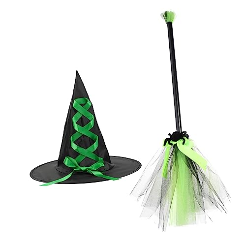 BESTYASH Hexenhüte Besen Jungen Und Mädchen Halloween Zaubererhut Set Grün Dekorative Requisite Für Partys von BESTYASH