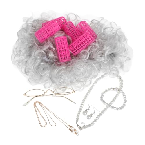 BESTYASH Graue Perücke Mit Lockenwicklern Für Ältere Damen Inklusive Brille Und Kette Für Halloween Und Cosplay von BESTYASH