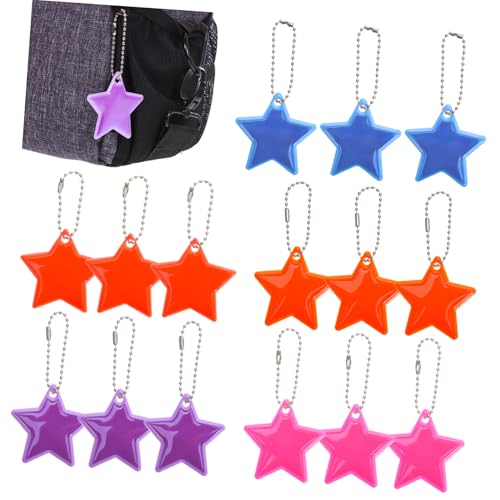 BESTYASH 15 Stück Reflektierende Sternanhänger für Schulranzen Sicherheits Anhänger für Kreative PVC Reflektoren in Orange Hellblau und Gelb für Rucksäcke und Taschen von BESTYASH