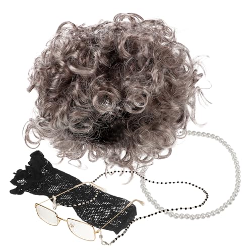 BESTYASH 1satz Alte Damen Perücke Brille Und Perlenkette Für Kostüm Und Cosplay-events Authentisches Zubehör Für Halloween Karneval Und Bühnenauftritte von BESTYASH