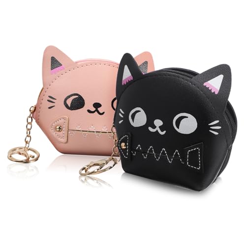 BESTYASH 2 Stück Kleine Geldbörse Damen mit Süßem Katzenmotiv Pu münztasche und Schlüsselanhänger Vielseitig Verwendbare Langlebige Mini Katzen kleingeldbörse in Schwarz und Rosa von BESTYASH