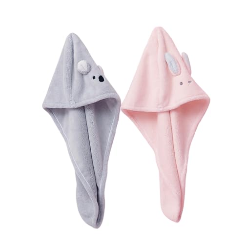 BESTYASH 2 Stück Trockenhaube aus Korallenvlies Cartoon Tier Design Schnelltrocknend Elastisch für Damen Herren Haare Trocknen und Schutz vor Haarschäden von BESTYASH