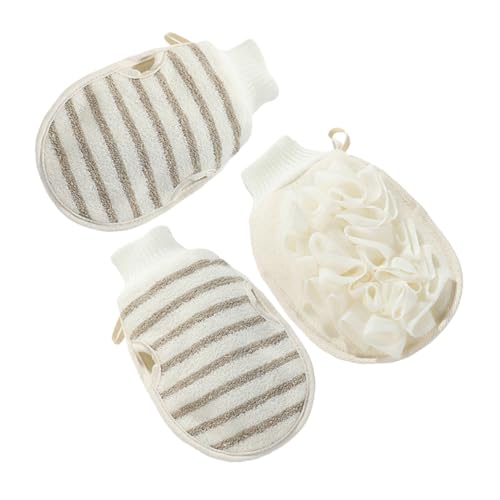 BESTYASH 3 Stück Badetuch Körperwaschhandschuhe Schrubben von Handschuhen nach Körper Peeling-Handschuh Badehandschuh Bathhandschuh Peelungshandschuh Duschschuh Flachs Beige von BESTYASH