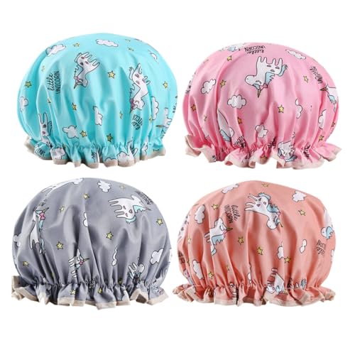 BESTYASH 4 Stück Dicke Wasserdichte Duschhauben mit Elastischem Doppellagige Badekappen für Damen und Herren Atmungsaktive Badehaube für Spa Duschen und Haarschutz Buntes Cartoon design von BESTYASH