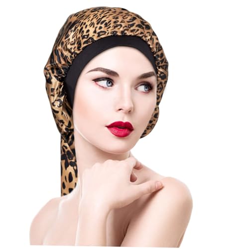 BESTYASH 4 Stück Teiliges Satin Haarschutz Damen Hohe Elastizität Lang und Breit Haarschutz für Lange Haare Inklusive Schwarz Schleife Leopardenmuster und Flamingo Pflegeleicht und von BESTYASH