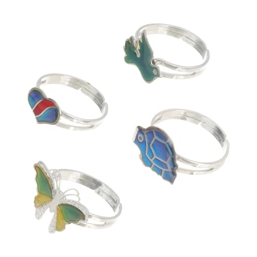 BESTYASH 4 Stück Teiliges Stimmungsring Mädchen und Frauen Verstellbare Temperatur finger ringe mit Süßen Cartoon tiermotiven Farbwechsel Schmuck für Teens Lustige Zufällige Farbe von BESTYASH