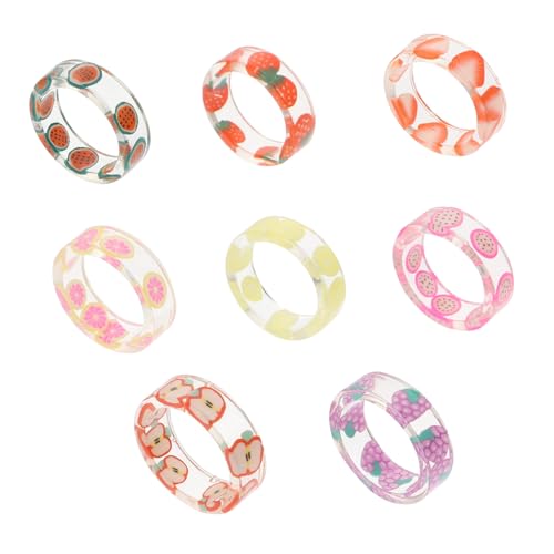 BESTYASH 8 Stück Teiliges Damen Ringe mit Kreativem Resin fruchtmuster Sommerliche Bunte Schmuckstücke für Mädchen und Frauen Modische Hautfreundliche Accessoires von BESTYASH