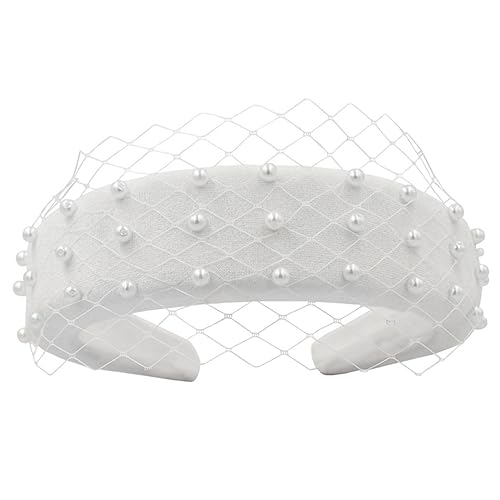 BESTYASH Braut Perlen Haarschmuck Stirnband Handgenähtes Weißes mit Netz Klassischer Hochzeits und Festtags Haarreif für Damen Langlebiges Accessoire für Looks von BESTYASH