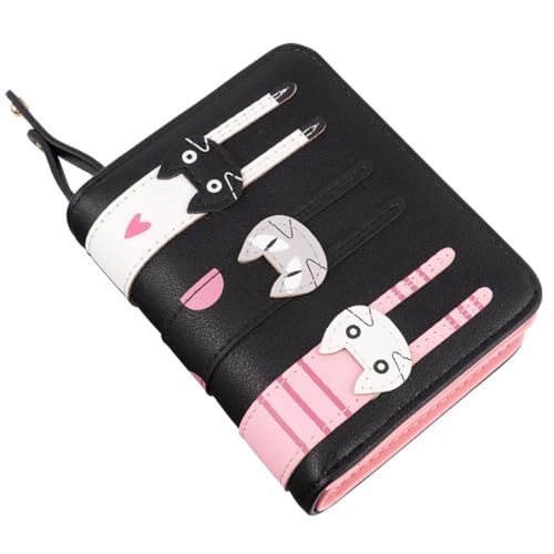 BESTYASH Damen Kurzgeldbörse mit Katzenmuster Pu Material Reißverschluss Münzfach Kleine Süße Portemonnaie Tragbar und Strapazierfähig Schwarzes Design für Alltag und Geschenke von BESTYASH