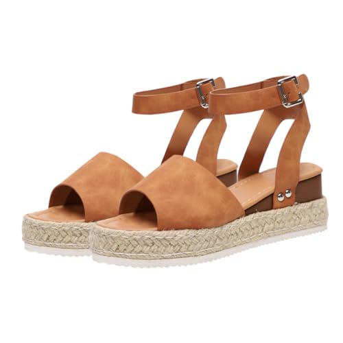 BESTYASH Damen Sandalen Sommer Flache Sandaletten mit Geflochtenem Rutschfeste Sohle Braun Große US Bequeme Freizeit und Strandschuhe von BESTYASH
