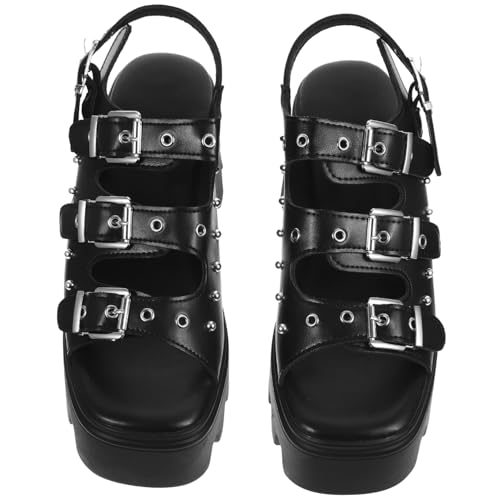 BESTYASH Damen Sandalen mit Dickem Blockabsatz und Nieten Rutschfeste Plateau sohlen Modische Roman Schuhe für Partys und Alltag Atmungsaktiv und Komfort Schwarz von BESTYASH