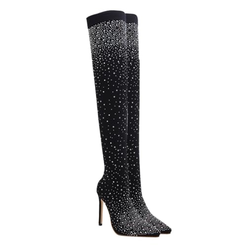 BESTYASH Damen Stiefel mit Spitz Zulaufender Zehe und Funkelnden Strasssteinen Hohe Absatz Boots für Party Hochzeit Freizeit und Alltag Modische Schwarze High Heels Damenschuhe von BESTYASH