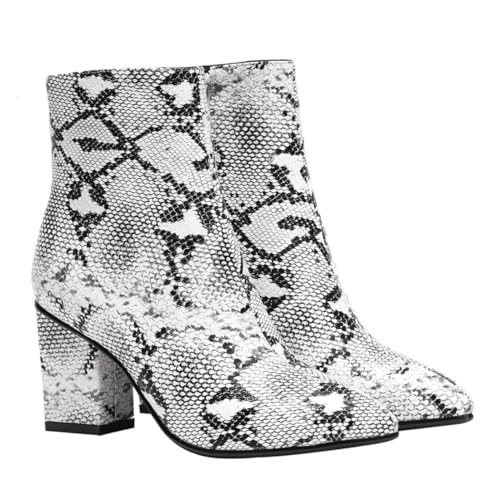 BESTYASH Damen Stiefeletten mit Absatz Weiß Elegante Modische Winter Herbst boots Spitz Zulaufend mit Schlangenhautmuster Stabiler Dicker Absatz Komfortabel und Rutschfest Vielseitig von BESTYASH