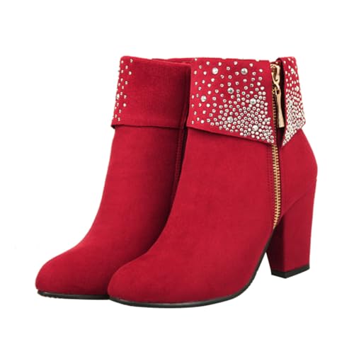 BESTYASH Damen Winter Stiefeletten mit Grobem Absatz und Strassbesatz Stilvolle Hochzeitsschuhe Kurze Pumps für Festliche Anlässe Rote Brautstiefeletten von BESTYASH
