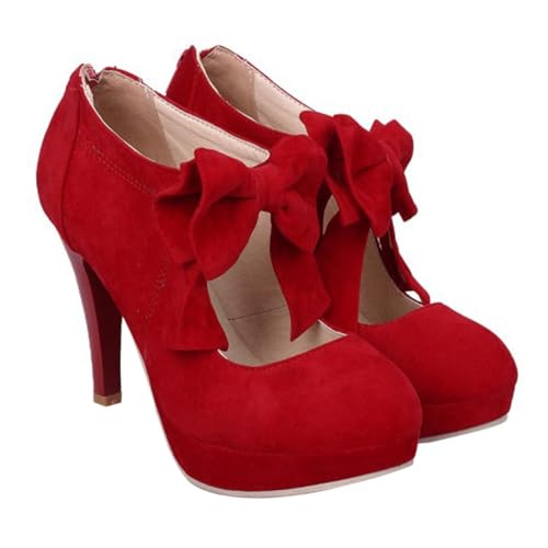 BESTYASH Elegante Damen High Heels mit Schleifen dekor Runde Zehen Rote Veloursleder Pumps Modische Sommerschuhe für Party Hochzeit Büro Bequeme Absatzschuhe von BESTYASH