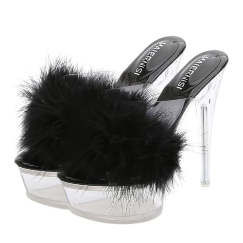 BESTYASH Fluffy High Heel Sandalen Damen Elegant Federleichte High Heel Hausschuhe Outdoor Slippers mit Dünnem Absatz und Bequemer Passend zu Jeans Shorts Röcken Schwarz von BESTYASH