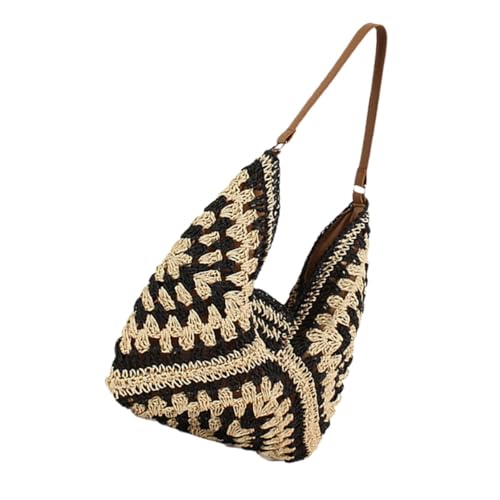 BESTYASH Große Geflochtene Tote Bag für Damen mit Papierseil Leichte Hobo Handtasche Geräumig und Robust für Urlaub Arbeit Strand und Alltag in Schwarz mit Hellbraunem Schulterriemen von BESTYASH
