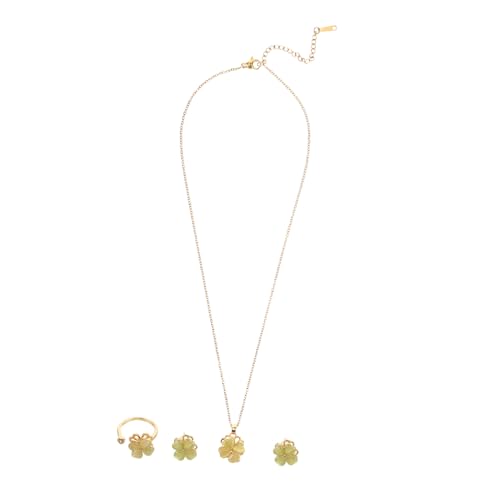 BESTYASH Grünes Schmuckset Damen mit Drehbarem Vierblättrigem Kleeblatt Anhänger und Katzenaugenstein Titanium und Kupfer Halskette Ohrringe Ring Set Modisch für Alltag und St Patricks Day von BESTYASH