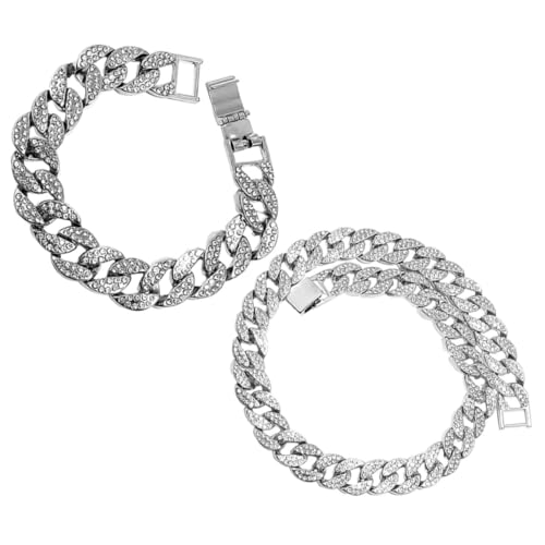 BESTYASH Hip Hop Herren Schmuck Teilig mit Vollverzinkter Kubanischer Gliederkette und Armband aus Silberfarbenem mit Funkelnden Strasssteinen Besetztem Halskette Armband Modisches von BESTYASH