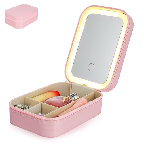 BESTYASH Kompakter LED Make Up Organizer mit Einstellbarem Licht Faltbarem Spiegel und Wiederaufladbarer Kosmetiktasche Multifunktional mit Geteilten Fächern für Reisen und von BESTYASH
