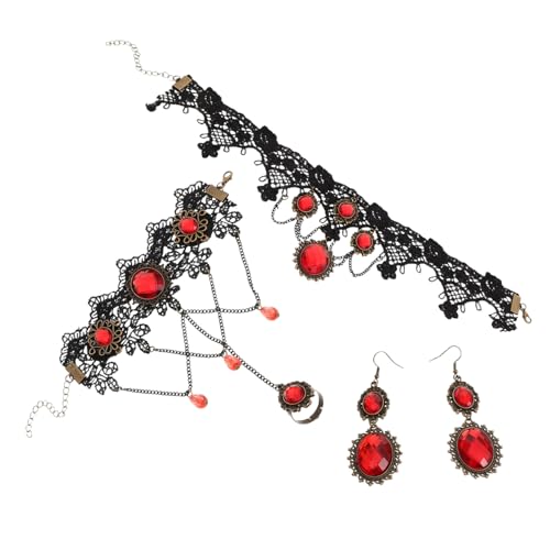 BESTYASH Schwarze Spitzen halskette mit Rotem Schmuckstein Halloween Gothic Schmuckset für Damen Weiches Spitzenmaterial Auffälliges Punk accessoire Party Kostümzubehör von BESTYASH