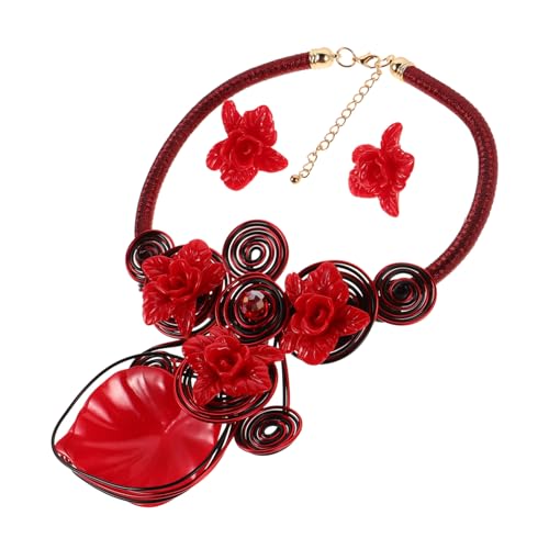 BESTYASH Statement Halskette und Ohrringe mit Handgefertigten Roten Harzblumen Afrikanischer Aluminium-draht Schmuck Auffälliges Schmuckstück für Frauen Geeignet für Party Prom Vielseitig von BESTYASH