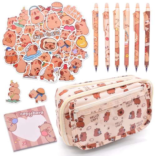 Capybara Kinder Federmäppchen, Capybara Mäppchen Schreibwaren Set Stifttaschen Tragbares Schreibwarenetui Schreibwarenbeutel Cartoon Bürobedarf Haftnotiz Radierbare Kugelschreiber Aufkleber für Büro von BESTZY