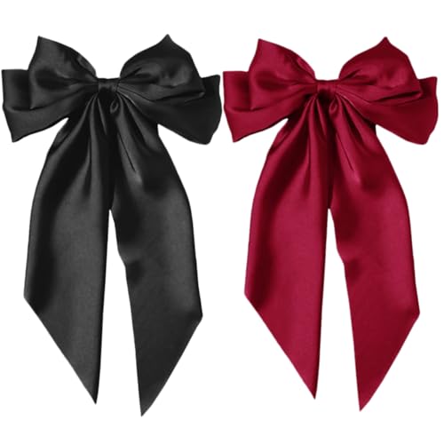 BESTonZON 2 Stück Große Haarschleifen Klammern Satin Haarschleifen mit Lagenoptik Stilvolle Haarspangen für Damen Mädchen Vintage Haarsmuck in Schwarz und Weinrot Zubehör von BESTonZON