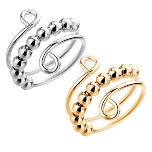 BESTonZON 2 Stück Teiliges Drehbare Metall Stressringe für Damen Abgerundete Perlen Modische Angstringe zur Entspannung und Dekoration Hautfreundlich Poliert Geschenkidee von BESTonZON