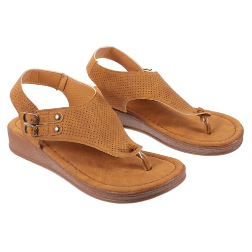 BESTonZON Flache Sandalen Damen Sommer Zehentrenner Sandaletten mit Elastischer Sohle Atmungsaktiv Rutschfest für Strand Urlaub Gr Hellbraun von BESTonZON