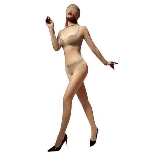 BESYFAY Herren 8D Öl Glänzend Bodystocking mit Kapuz Langarm Nylon Catsuit Ganzkörper Strumpfhose(Beige,Offene Penishülle) von BESYFAY