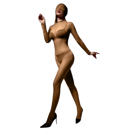 BESYFAY Herren 8D Öl Glänzend Bodystocking mit Kapuz Langarm Nylon Catsuit Ganzkörper Strumpfhose(Braun,Offene Penishülle) von BESYFAY