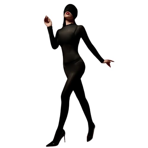 BESYFAY Herren 8D Öl Glänzend Bodystocking mit Kapuz Langarm Nylon Catsuit Ganzkörper Strumpfhose(Schwarz,Offene Penishülle) von BESYFAY