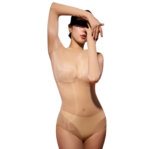 BESYFAY Herren Männer Langarm Nylon Bodystocking Öl Glänzend Ganzkörper Strumpfhose(Beige,Offene Penishülle) von BESYFAY