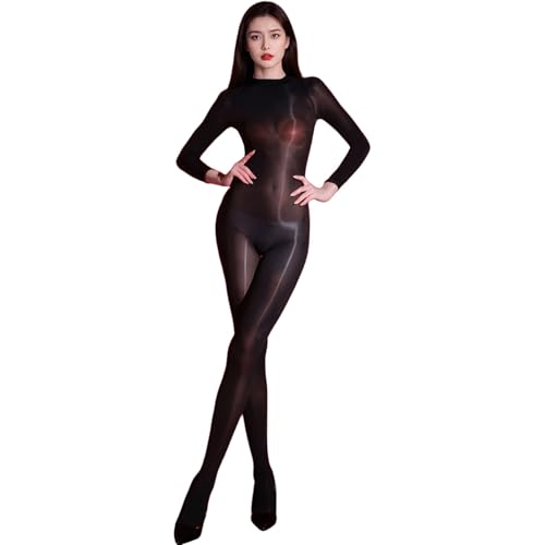 BESYFAY Herren Öl Glänzend Bodystocking Langarm Nahtlos Bodysuit Nylon GanzköRper Strumpfhose(Schwarz,Offene Penishülle) von BESYFAY