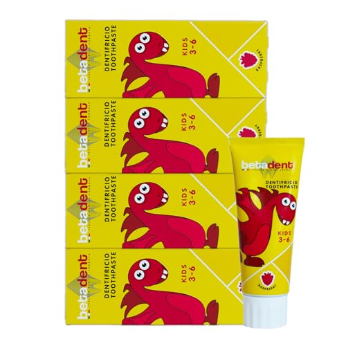 Betadent Set mit 4 Zahnbürsten für Kinder von 3-6 Jahren. Geschmack Himbeere. Wirkung: Anti-Plaque und Anti-Karies. Ausgewogene Dosierung von Fluorsalzen bei einer Konzentration von 430 ppm F. 4 x 75 von BETADENT