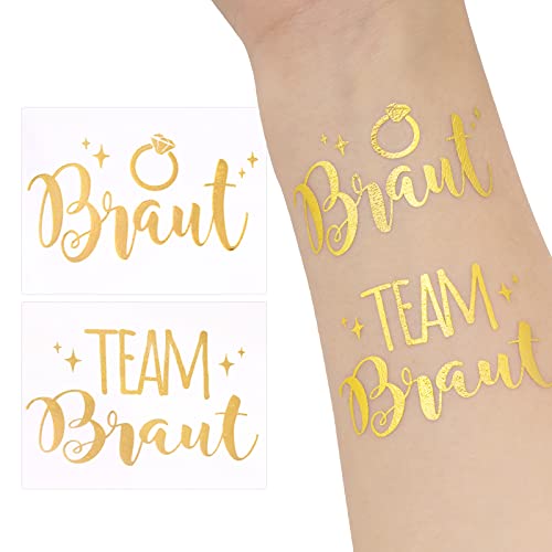 20 Pcs Team Bride Tattoos Gold 2 x Braut & 18 x Team Braut Temporäre Tattoos für Bachelorette Partydeko Junggesellinnenabschied Accessoires JGA Frauen Hochzeitsdeko usw. von BETESSIN