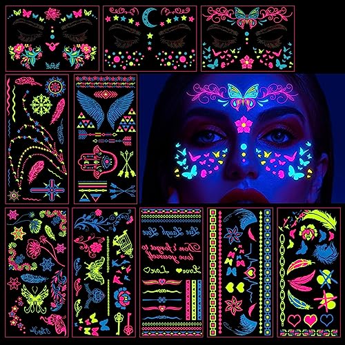 BETESSIN 10Blatt Temporäre Neon Tattoos Schwarzlicht Gesichtstattoos UV Körper Gesicht Tattoos Aufkleber Fluoreszierend Klebetattoos für Neon Party Halloween Karneval Cosplay Musikfestival von BETESSIN