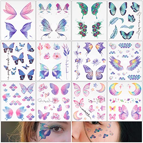 BETESSIN 12 Temporäre Tattoos Schmetterling Glitzer Tattoo Gesicht Körper Aufkleber Wassertransfer Engelsflügel Tattoos Wasserdicht Sticker für Musikfestival Ball Party Cosplay von BETESSIN