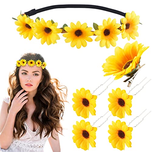 BETESSIN 1Pc Blumen Haarband Damen Mädchen Sonnenblumen Stirnband mit 4 Gänseblümchen Haarspangen Haarnadeln Blumen Haarschmuck Hochzeit Reise Strand Fotografie Karneval Copslay Party von BETESSIN