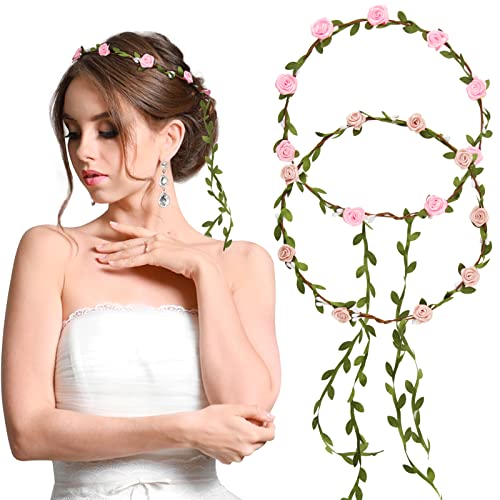BETESSIN 2Pcs Blumenkranz Haare Blumenkrone Damen Mädchen Boho Blumen Haarband Braut Rosen Haarreif Stirnband mit Blättern Hochzeit Party Kommunion Geburtstag Kopfschmuck Fleischrosa Rosa von BETESSIN