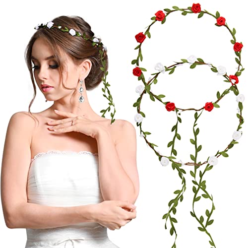 BETESSIN 2Pcs Blumenkranz Haare Blumenkrone Damen Mädchen Boho Blumen Haarband Braut Rosen Haarreif Stirnband mit Blättern Hochzeit Party Kommunion Geburtstag Kopfschmuck Rot Weiß von BETESSIN