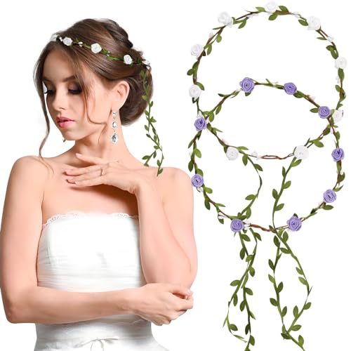 BETESSIN 2Pcs Blumenkranz Haare Blumenkrone Damen Mädchen Boho Blumen Haarband Braut Rosen Haarreif Stirnband mit Blättern Hochzeit Party Kommunion Geburtstag Kopfschmuck Weiß Lila von BETESSIN