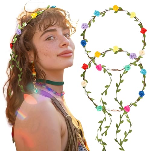 BETESSIN 2Pcs Pride Haarschmuck Regenbogen Haarband Blumenkranz Haare Damen Blumenkrone LGBT Accessoires Pride Haarreif Blumen Stirnband Rosen Hochzeit Geburtstag CSD Outfit Karneval Mottoparty von BETESSIN