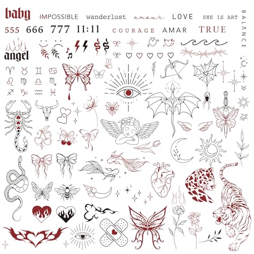 BETESSIN 3 Bögen Temporäre Tattoos Damen - Flash Tattoo Schwarz Rot - Klebetattoos Erwachsene - Wasserfeste Tattoos zum Aufkleben - Temporäre Aufkleber für Festivals, Partys, Karneval von BETESSIN