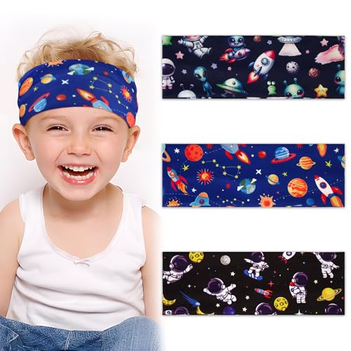 BETESSIN 3 Stück Haarband Jungs Weltall Kinder Stirnband Jungen Sport Haarbänder Elastisches Kopfband Astronaut Breite Sportstirnband Headband für Schule Sport Freizeit in 3 Stilen von BETESSIN