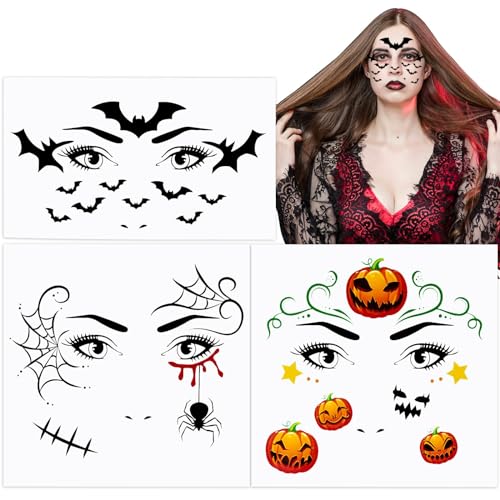 BETESSIN 3Blatt Face Tattoo Kürbis Spinnen Halloween Tattoos Gesicht Gesichtstattoo Temporäre Tattoo Kinder Erwachsene Face Art Sticker Aufkleber für Karneval Mottoparty von BETESSIN
