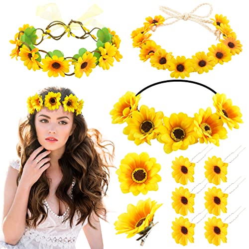 BETESSIN 3Pcs Blumen Haarband Damen Mädchen Sonnenblumen Stirnband mit 8x Gänseblümchen Haarspangen Haarnadeln Blumen Haarschmuck Hochzeit Reise Strand Fotografie Karneval Copslay Party von BETESSIN